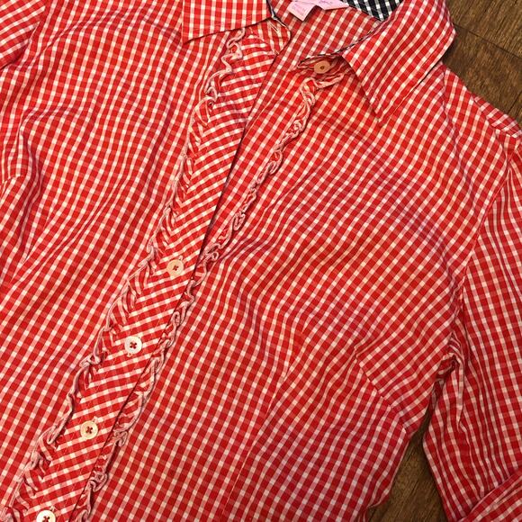 Lilly Pulitzer Red and White Gingham Plaid Long Sleeve Button Down Shirt Size 2 - Picture 6 of 15